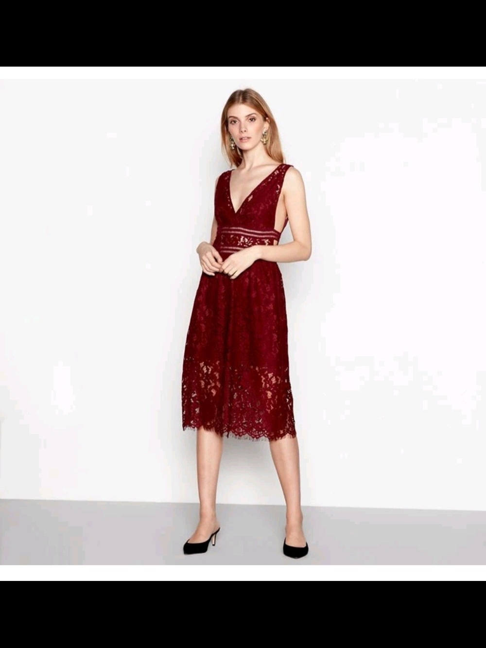 V-Neck Lace Midi Dress in Burgundy
